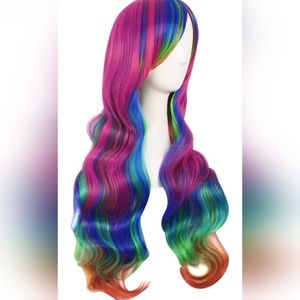 New beautiful Lolita cosplay bangs Wavy Curly Pastel Rainbow 28" long wig